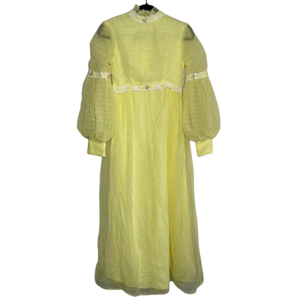 Vintage Yellow Chiffon Lace Trim Bishop Sleeve Empire‎ Waist Maxi Dress